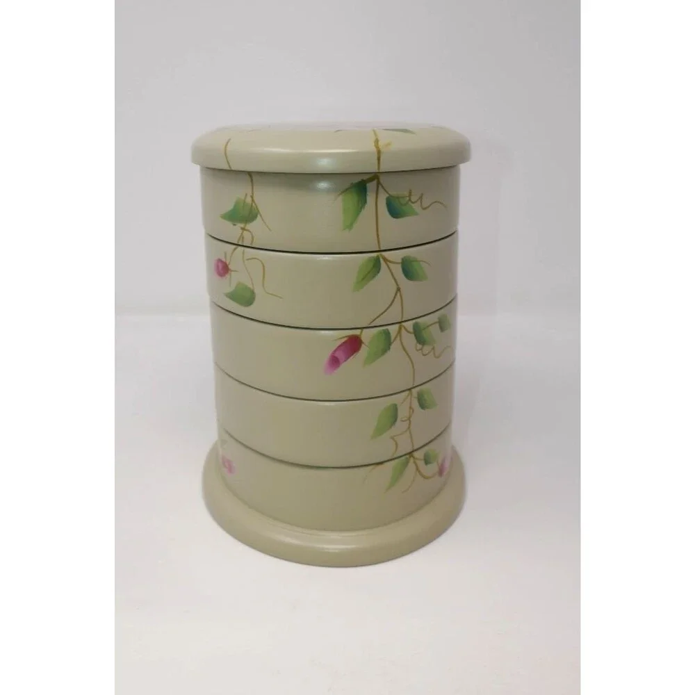 Calgon Flexzorb Vintage Wooden 5-Tier Swivel Jewelry Box Hand Painted Roses